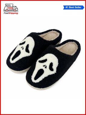 🎅 Retro Fuzzy Happy Face Slippers Cozy House Shoes Flat Cartoon